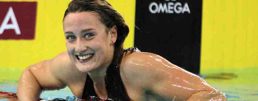 Spanish swimmer Mireia Belmonte reacts after winning the women's 200m