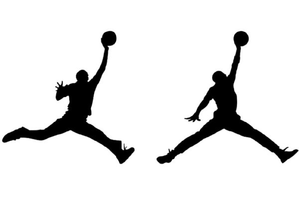 A la izquierda, el logo a partir de la fotografía de Jacobus Rentmeester; a la derecha, el logo de Air Jordan.