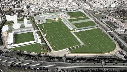 Recreación de la futura Ciudad Deportiva del Barça ampliada, con el Miniestadi a la izquierda.