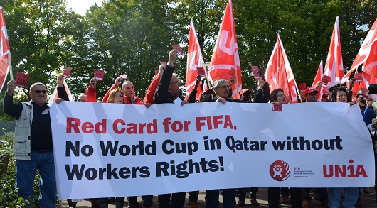Protestas contra las condiciones laborales en Qatar.